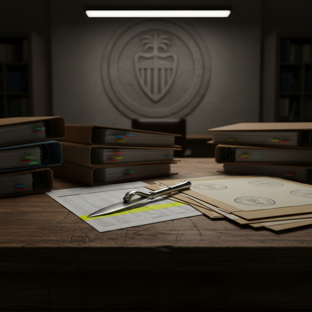A close-up, photographic image of a heavy, weathered wooden desk in a dimly lit municipal office, cluttered with thick binders labeled only by color tabs, stamped folders, and stacks of printed financial reports. A sleek, stainless-steel letter opener shaped subtly like a snake’s head lies across a highlighted spreadsheet, its glint catching a beam of cool, overhead fluorescent light. In the background, a blurred city seal carved into stone on the wall hints at Port St. Lucie governance without showing text. The lighting is moody and directional, creating deep shadows that suggest investigation and scrutiny. Shot from a slightly elevated angle with shallow depth of field, the mood is serious, credible, and analytical, ideal for a fact-based political accountability site.