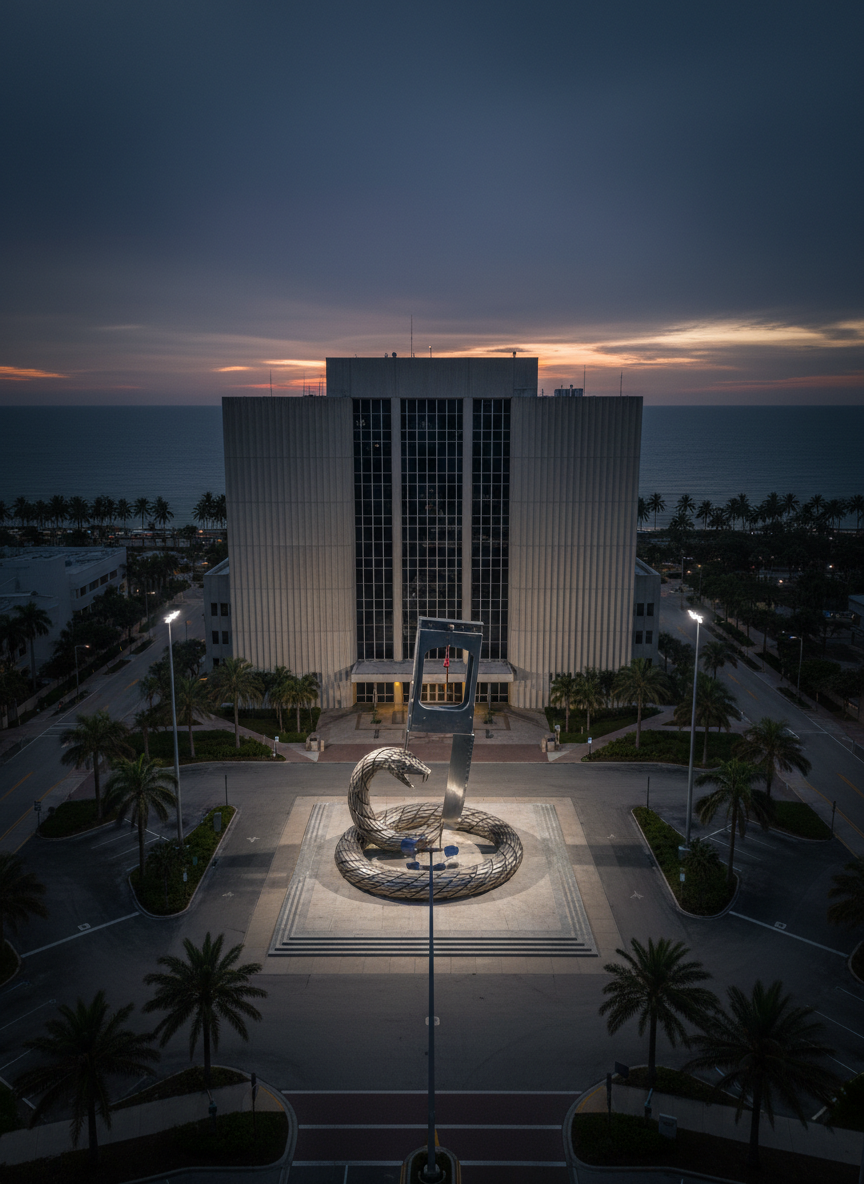 A dramatic, hyper-realistic aerial photograph of a coastal Florida city hall complex at dusk, seen from high above. The main building, a modern concrete and glass structure, sits at the center, illuminated by stark white security lights that cast long, sharp shadows across the parking lot and surrounding palm-lined streets. On the plaza in front of the building, a large coiled metallic snake sculpture is shown being cleanly severed at the head by an oversized, polished steel guillotine blade, symbolizing cutting corruption. The sky glows with deep indigo and orange hues, adding tension. Shot with a wide-angle lens and sharp focus throughout, the composition feels bold, investigative, and serious, evoking the tone of an exposé website without depicting any people or text.