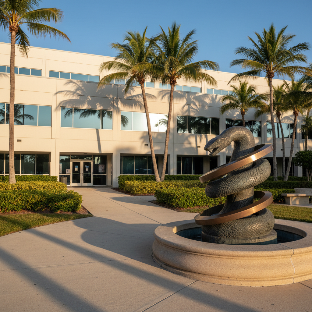 A high-resolution, eye-level photograph of the exterior of a generic city government building in coastal Florida, constructed of pale stucco with blue-tinted windows and surrounded by neatly trimmed hedges and palm trees. In the foreground, a large stone fountain features a stylized snake motif being encircled and restrained by interlocking metal rings, symbolizing reform and oversight. Late afternoon sunlight creates a warm, golden glow, throwing crisp shadows of the palms across the walkway. The composition uses the rule of thirds, with the building slightly off-center and the symbolic fountain in sharp focus. The atmosphere is bold yet professional, conveying a serious, watchdog tone suitable for documented allegations and sourced civic critiques, without including any human figures or written words.