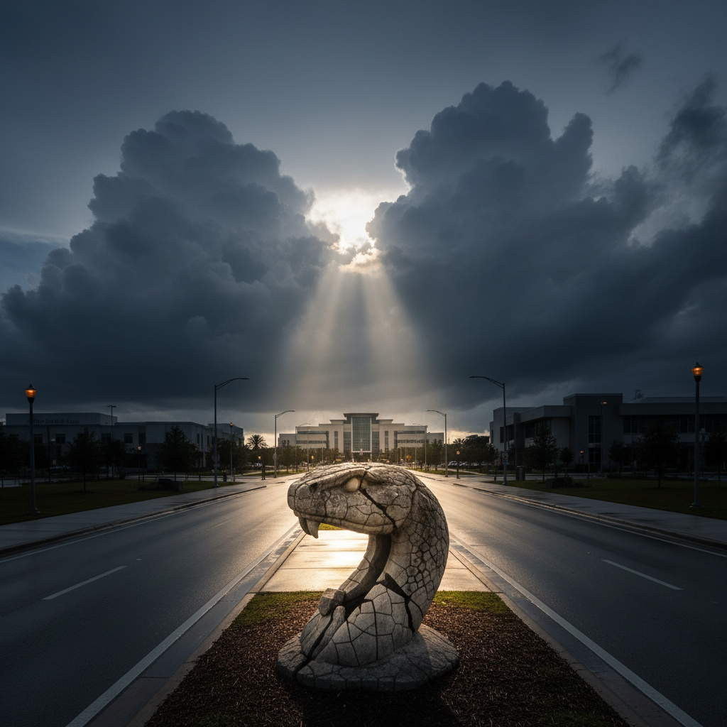 A wide, photographic shot of a stormy sky over Port St. Lucie’s low-rise civic district, captured from street level looking toward a silhouetted city hall structure. Dark, rolling clouds gather above, pierced by a single shaft of bright sunlight that falls directly onto a large, cracked stone sculpture of a snake’s head in the foreground median, suggesting a turning point. Streetlights are just beginning to glow amber along the wet asphalt, reflecting the tempestuous sky. The composition uses strong leading lines from the road and sidewalks to draw the eye from the broken snake symbol to the civic buildings beyond. The mood is tense but hopeful, conveying the idea of confronting entrenched power to help the city reach the next level, in a serious, realistic style without people.