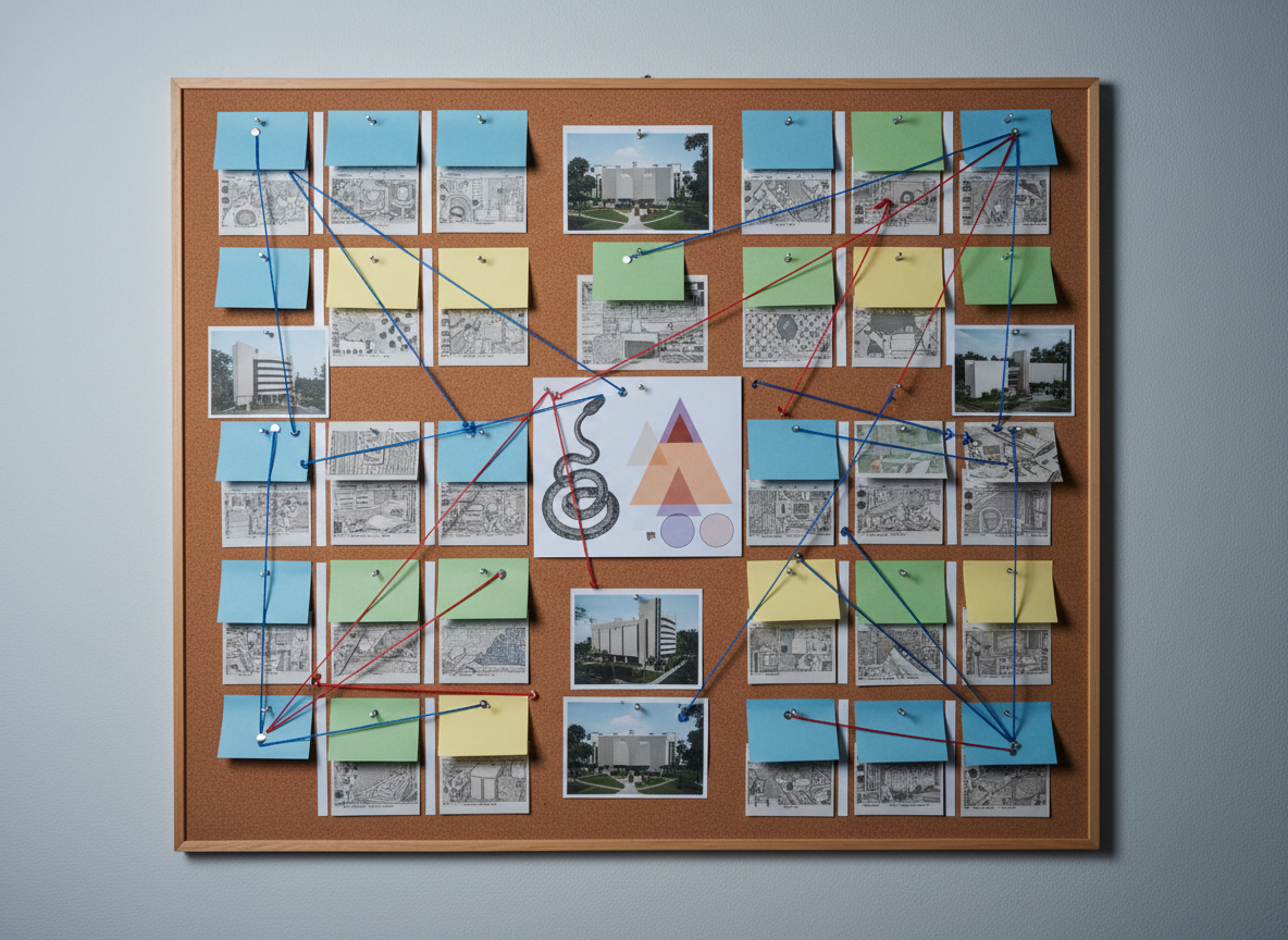 A detailed, photographic close-up of a large corkboard mounted on the wall of a sparse civic watchdog workspace. The board is covered with anonymized, textless visual elements: color-coded index cards, arrows made of string, neutral newspaper-like rectangles, and small aerial photos of generic government buildings, all pinned in a carefully organized pattern that suggests a well-documented investigation. At the center, a printed diagram of a snake is overlaid with translucent, geometric overlays symbolizing sourced allegations and structural issues. Soft, cool-toned studio lighting washes evenly across the board, creating gentle shadows behind the pins and strings. Shot straight on with sharp focus, the image feels meticulous, evidence-driven, and credible, matching a bold but fact-focused exposé site about Port St. Lucie governance.
