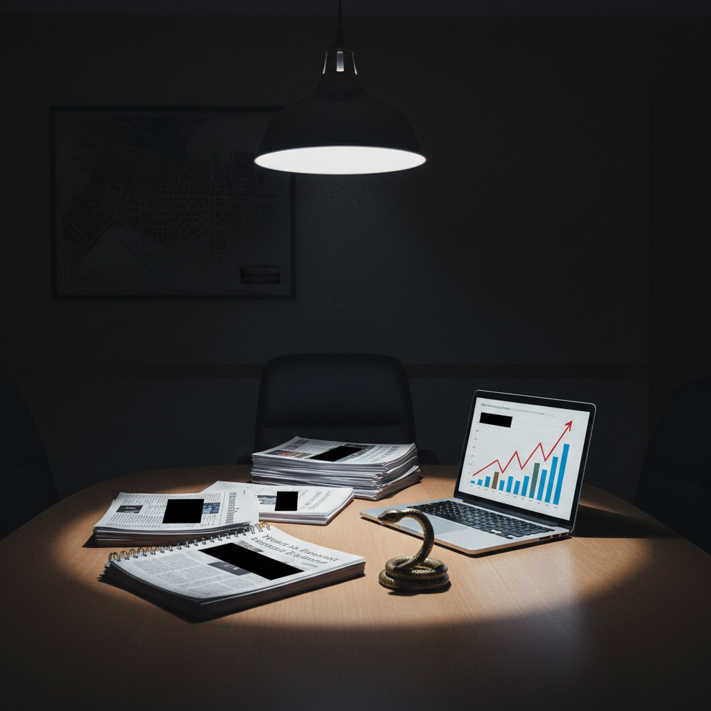 A cinematic, nighttime photograph of a conference table in a darkened civic meeting room, lit only by a single overhead pendant lamp that spills a harsh, white circle of light onto the surface. On the table lie neatly arranged printed news clippings with redacted blocks, bound public records requests, and an open laptop displaying anonymized bar graphs and line charts, all deliberately free of legible text. A small brass snake paperweight sits at the edge of the documents, its head aligned with an upward-trending red line, implying rising concerns. Deep shadows swallow the corners of the room, with the faint outline of a city map on the wall in the background. Shot from a low, side angle, the image feels investigative, methodical, and grounded in evidence.
