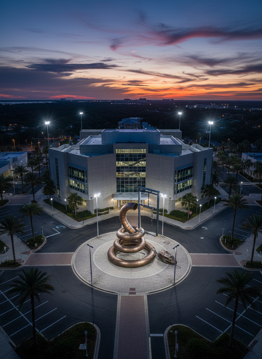 A dramatic, hyper-realistic aerial photograph of a coastal Florida city hall complex at dusk, seen from high above. The main building, a modern concrete and glass structure, sits at the center, illuminated by stark white security lights that cast long, sharp shadows across the parking lot and surrounding palm-lined streets. On the plaza in front of the building, a large coiled metallic snake sculpture is shown being cleanly severed at the head by an oversized, polished steel guillotine blade, symbolizing cutting corruption. The sky glows with deep indigo and orange hues, adding tension. Shot with a wide-angle lens and sharp focus throughout, the composition feels bold, investigative, and serious, evoking the tone of an exposé website without depicting any people or text.